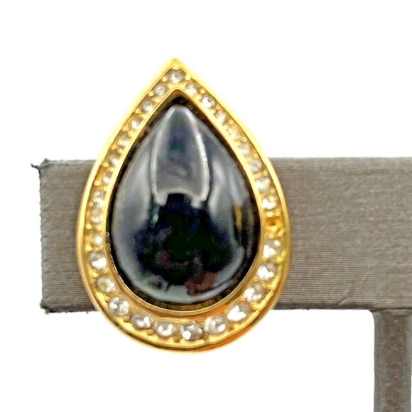 Vintage CHRISTIAN DIOR Pave Crystal Black Cabochon Clip On Earrings Gold Tone - Picture 2 of 9